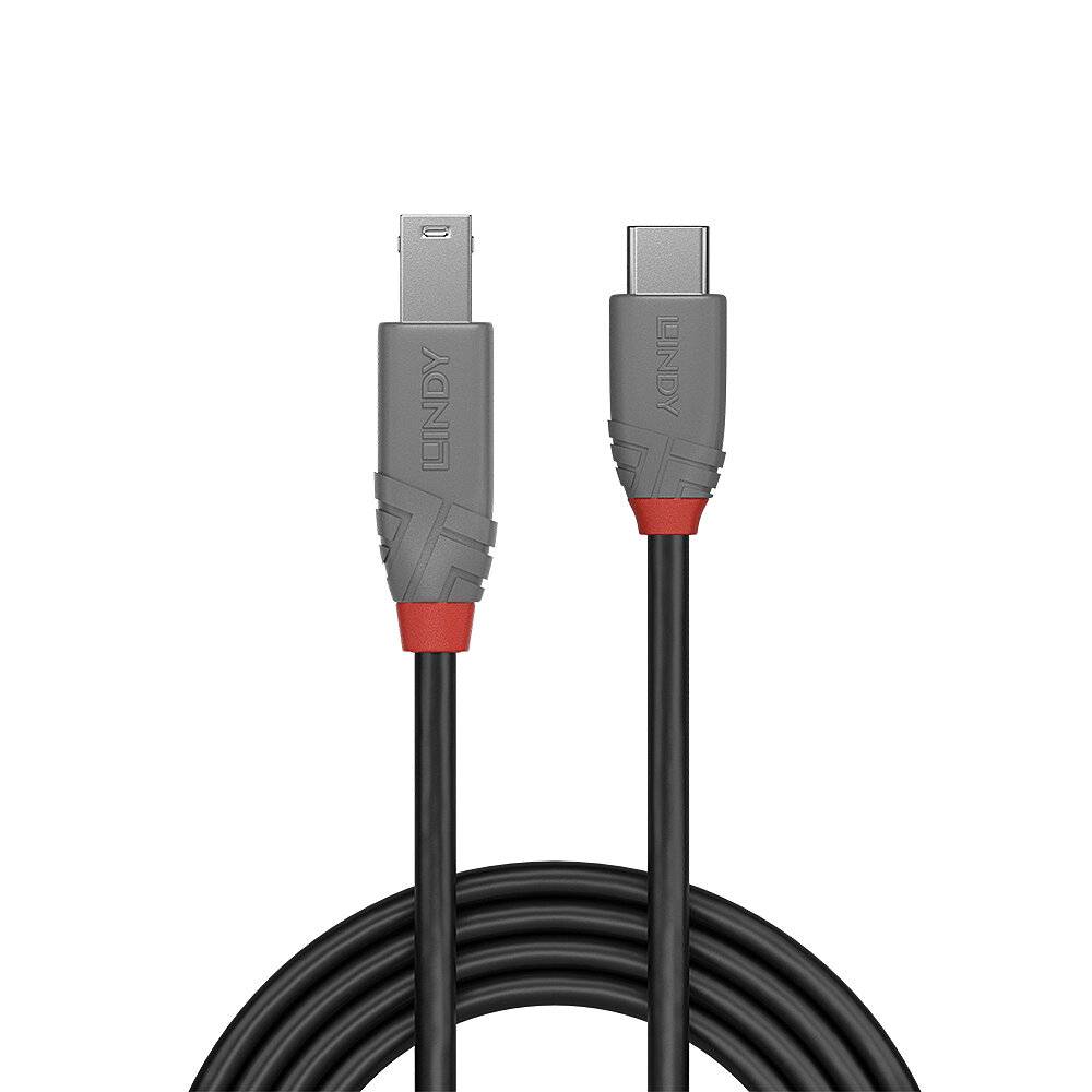 USB-C na Mini-USB kabel, šedý, vhodný pro připojení mezi moderními zařízeními a staršími elektronickými modely.