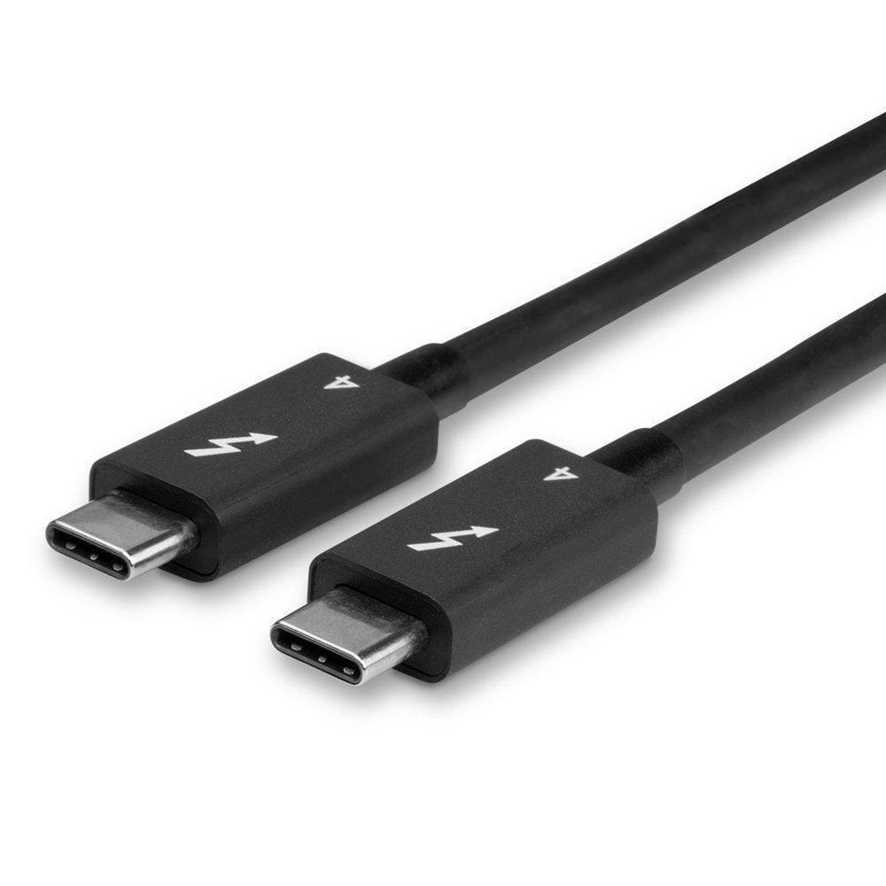 Dva černé USB-C kabely s logem Thunderboltu leží vedle sebe. Oba ukazují stejný typ konektoru.