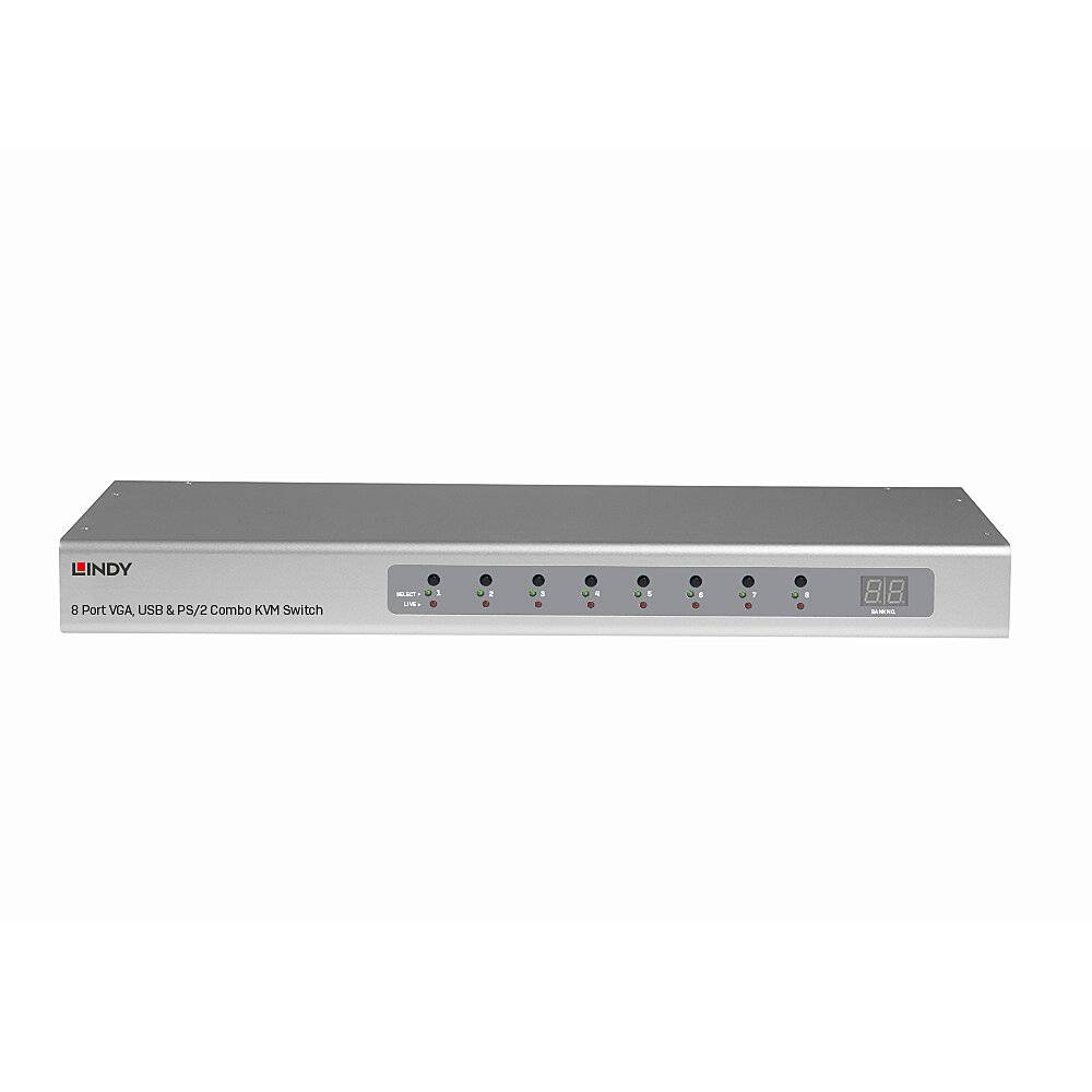 8-portový VGA, USB & PS/2 combo KVM přepínač s LED displejem pro výběr. Kovový kryt s černým čelním panelem.
