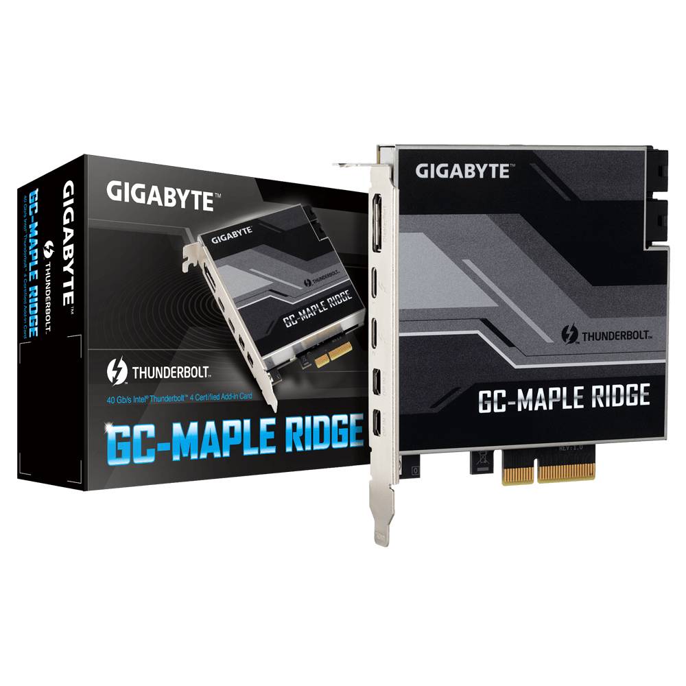 Grafická karta 'GC-MAPLE RIDGE' od společnosti GIGABYTE, kompatibilní s rozhraním Thunderbolt 4, zobrazená před balením s podobným designem.