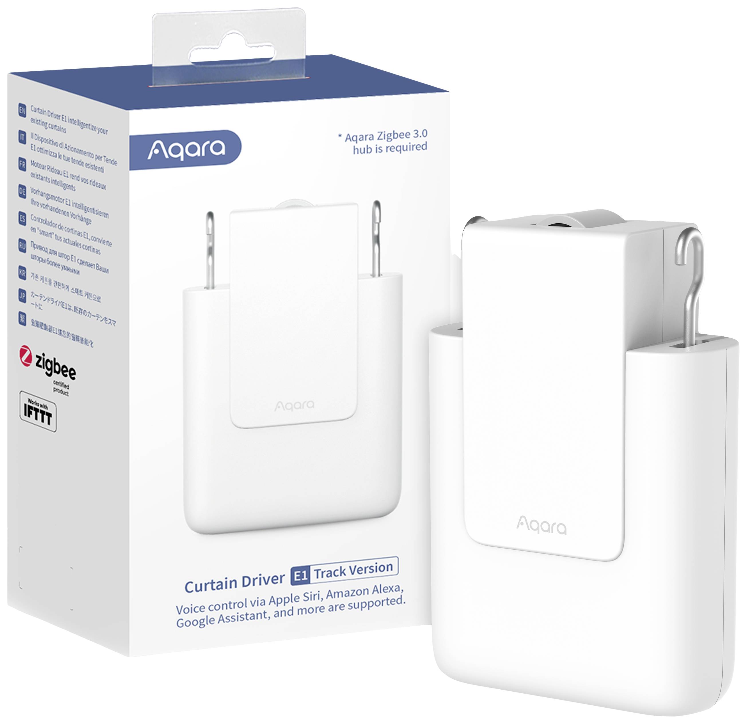 Balení ovladače Aqara Curtain Driver E1, kompatibilní se sítí Zigbee 3.0. Podporuje hlasové ovládání, Apple Siri, Amazon Alexu a Google Assistant.