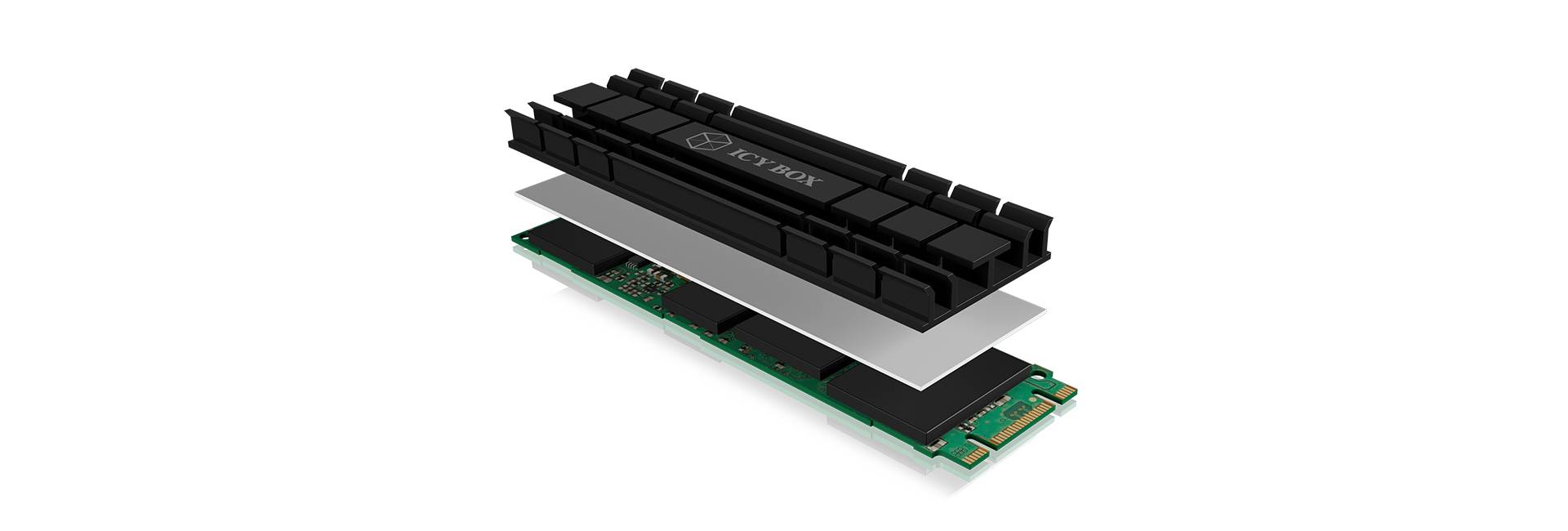 Rozložený pohled na M.2 NVMe SSD s chladičem, který zobrazuje technologické detaily a strukturu paměťových komponent.