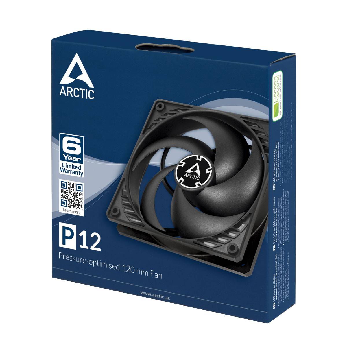 Obal ventilátoru ARCTIC P12, 120 mm, optimalizovaný pro tlak, s 6letou zárukou. Ventilátor a logo značky jsou výrazně umístěny na přední straně obalu.