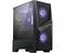 Černá PC skříň s průhledným bočním oknem a modře svítícími ventilátory. Moderní design.