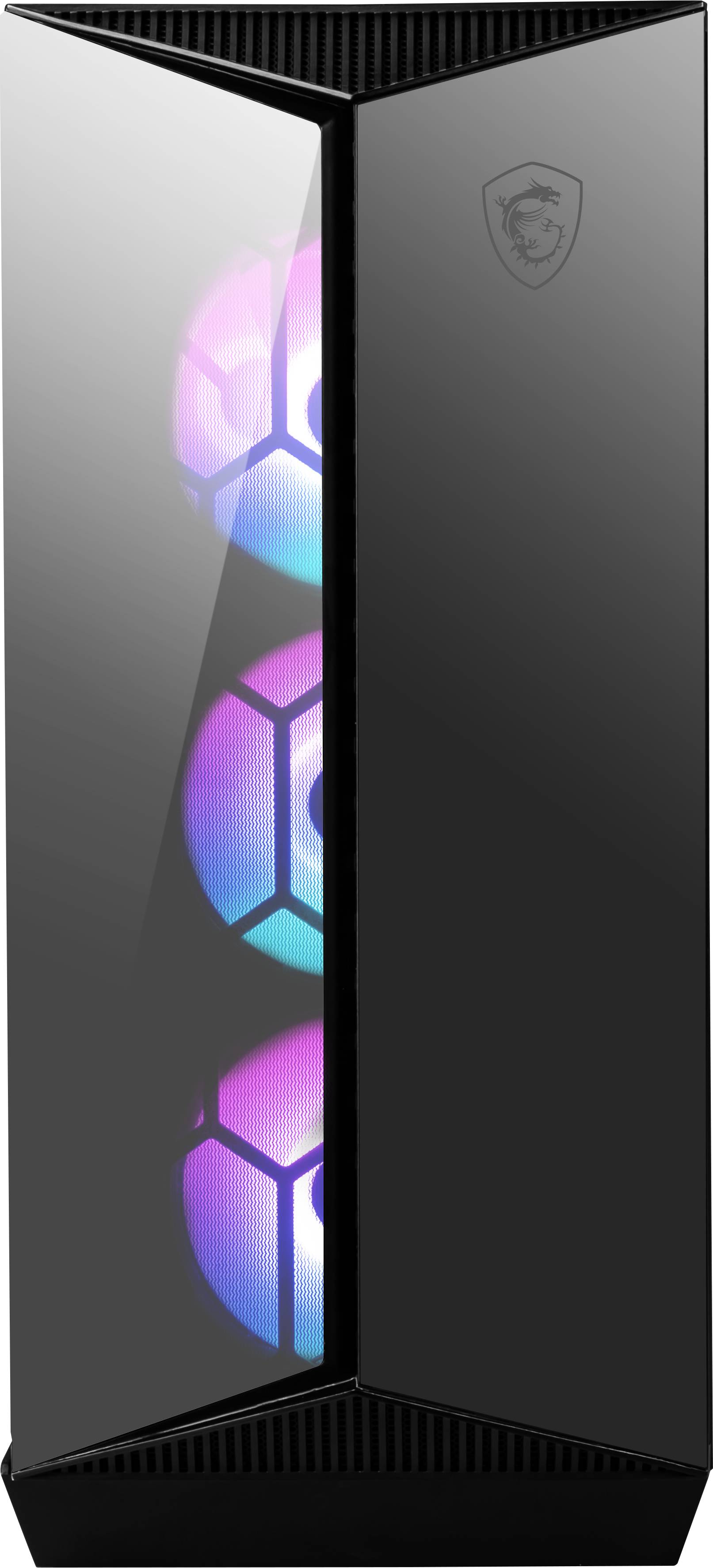 Počítačová skříň se třemi viditelnými RGB LED ventilátory za hladkým, reflexním předním panelem; moderní a minimalistický design.