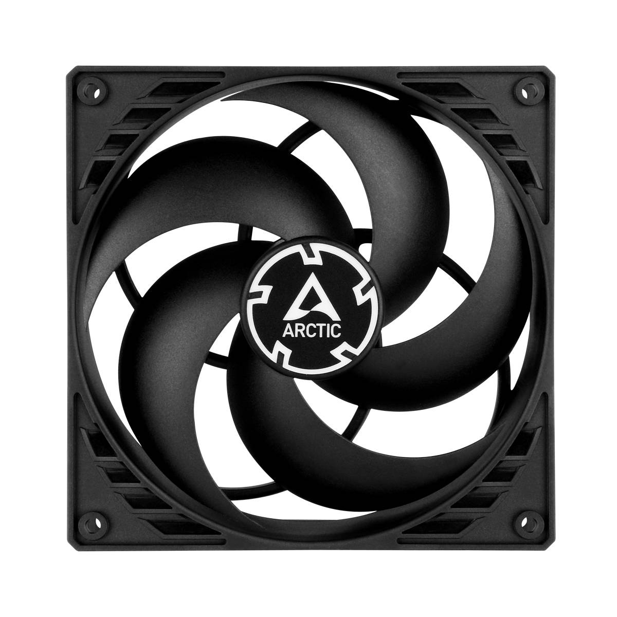 Černý počítačový ventilátor značky Arctic, čtvercový s ohnutými lopatkami, namontovaný v rámu.