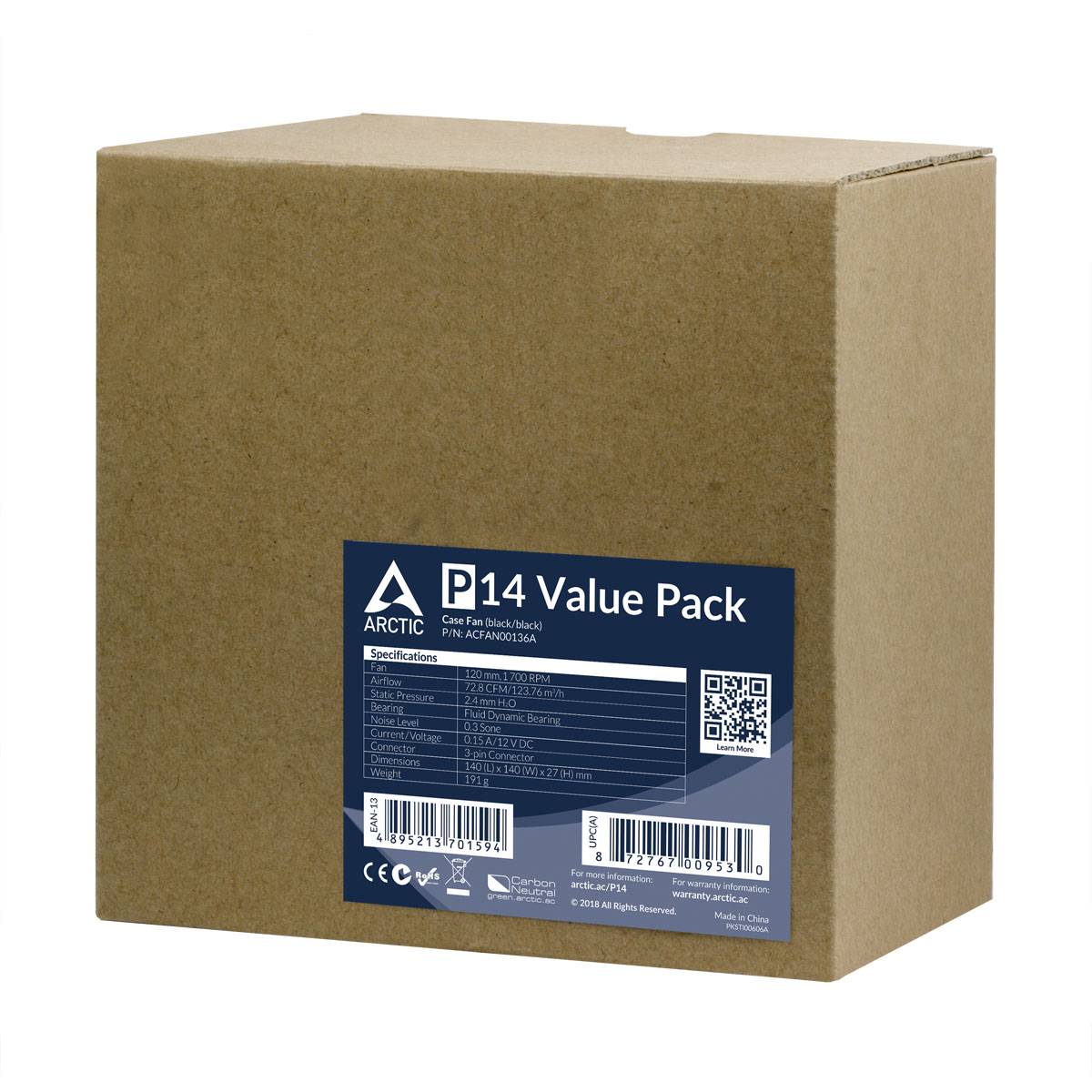 Obrázek zobrazuje hnědou čtvercovou krabičku s modrým štítkem. Na štítku je nápis 'P14 Value Pack' a technické údaje.