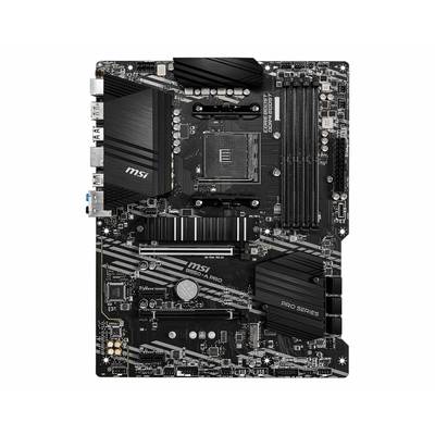 Základní deska MSI Pro Series X570-A Pro. Černá deska plošných spojů s stříbrnými detaily, různými konektory a dvěma sloty pro RAM.