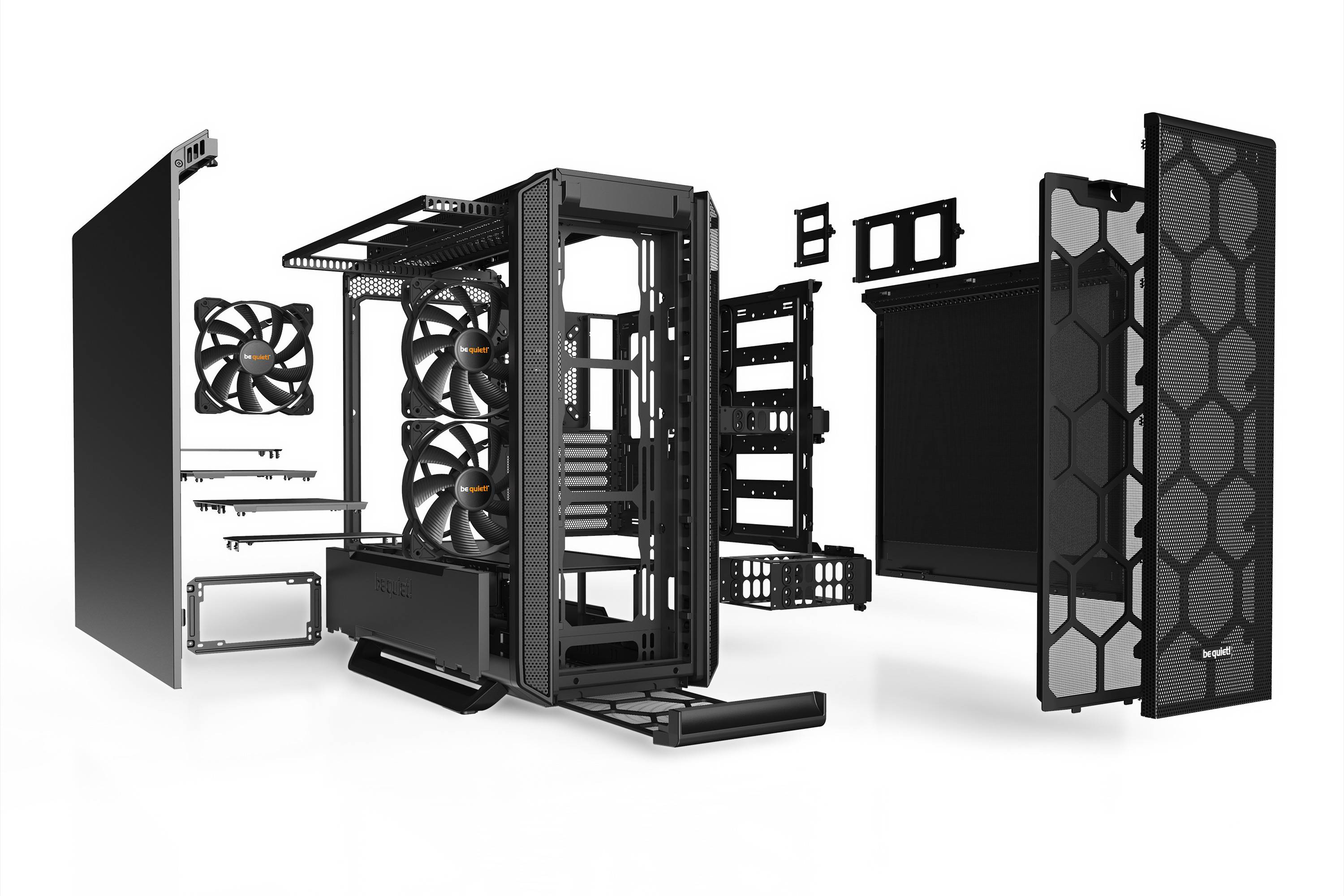 Rozložený pohled na počítačovou skříň se zobrazenými komponenty, jako jsou ventilátory, boční panely a rám, v 3D perspektivě.