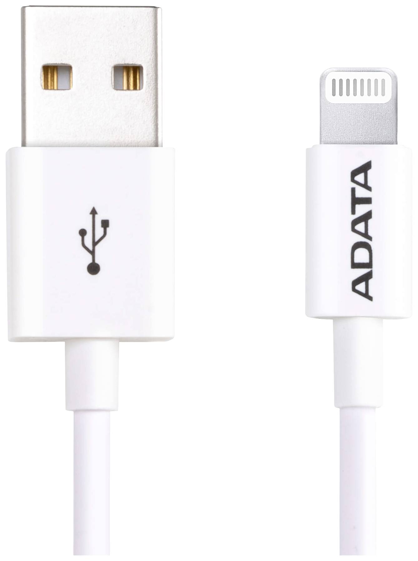 Bílý USB-Lightning kabel od společnosti ADATA. Vlevo je USB konektor, vpravo Lightning konektor. Oba konektory jsou zde zobrazeny.