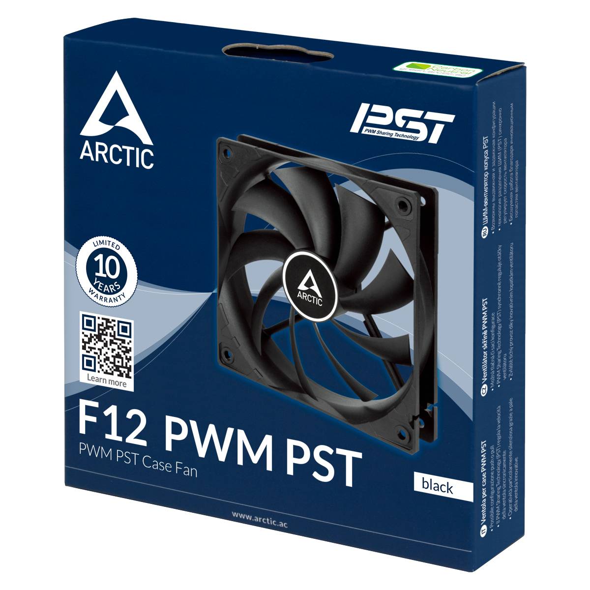 'ARCTIC F12 PWM PST' černý ventilátor do skříně v modré krabici s 10letou zárukou, obrázek zobrazuje přední stranu produktu.