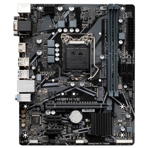 Na obrázku je základní deska s různými sloty a konektory, model je 'H410M H V2' od společnosti Gigabyte.