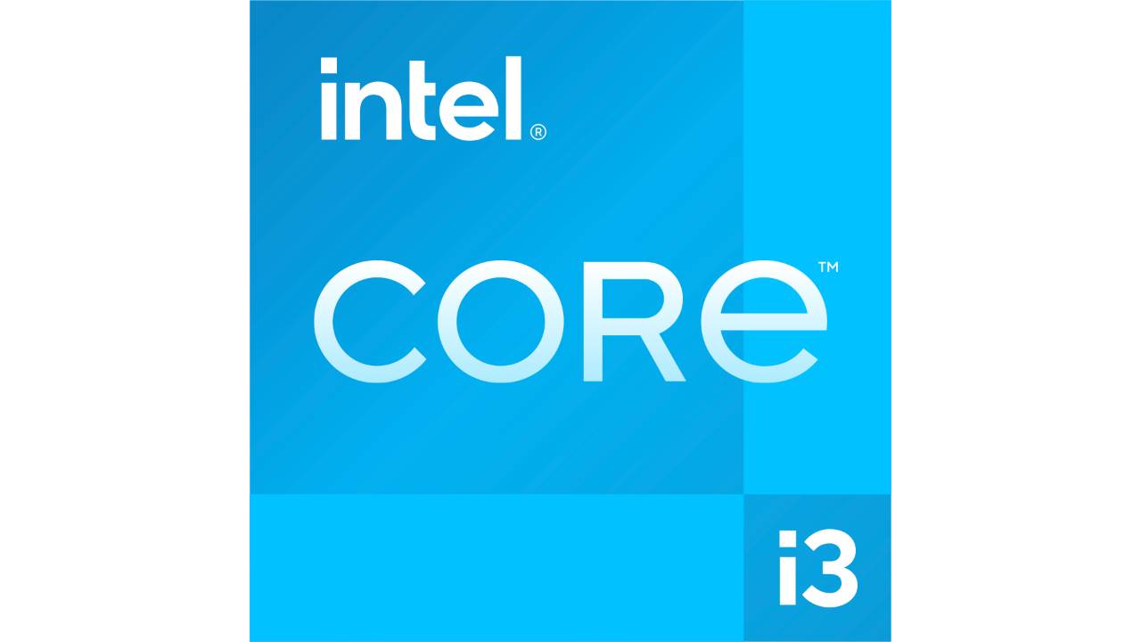 Modré logo s bílým textem 'intel CORE i3'. Značková identifikace procesoru Intel.
