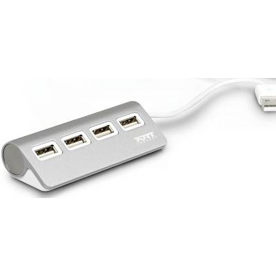 Stříbrný USB hub se čtyřmi porty, připojený bílým kabelem. Vhodný pro rozšíření připojovacích možností počítače.