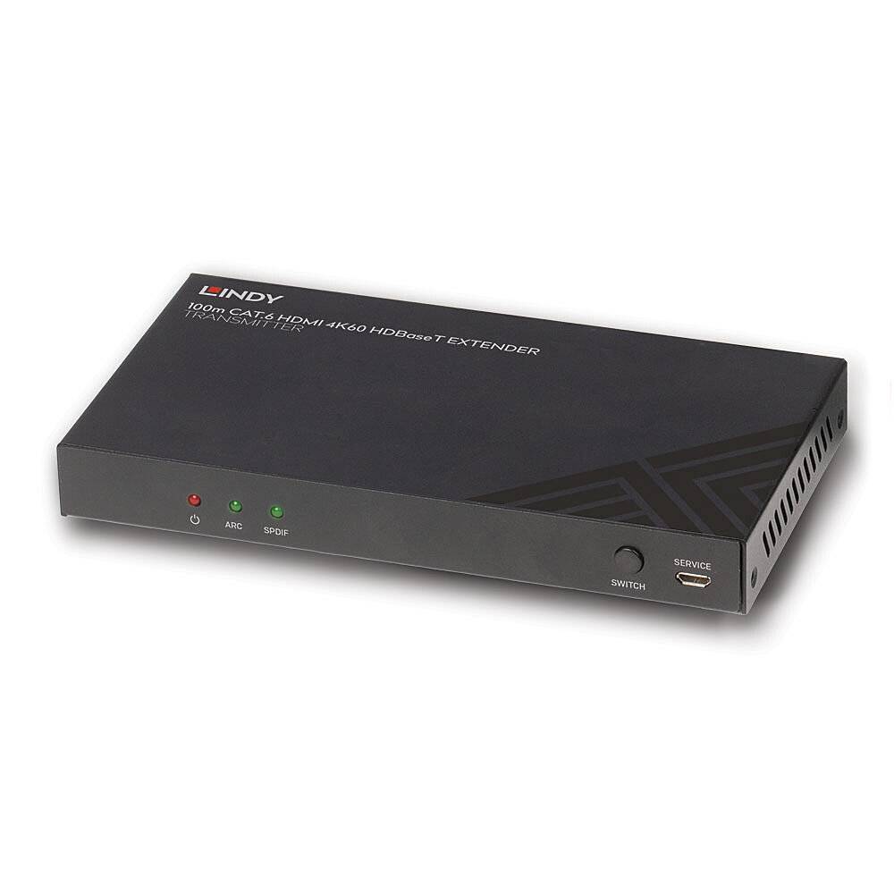 'Štíhlejší černý HDMI prodlužovací adaptér s podporou CAT 5/6, zobrazuje LED indikátory pro napájení, ARC a SPDIF, včetně konektorů na straně.'