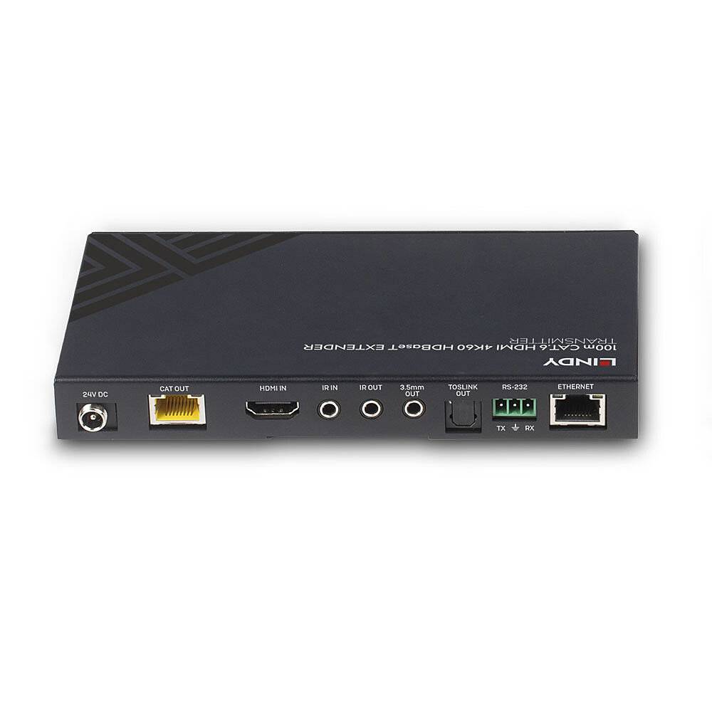 Černý HDMI extender s konektory pro HDMI, LAN, IR-Out, IR-In, RS-232, přední montážní konzolí a 24V DC na bílém povrchu.