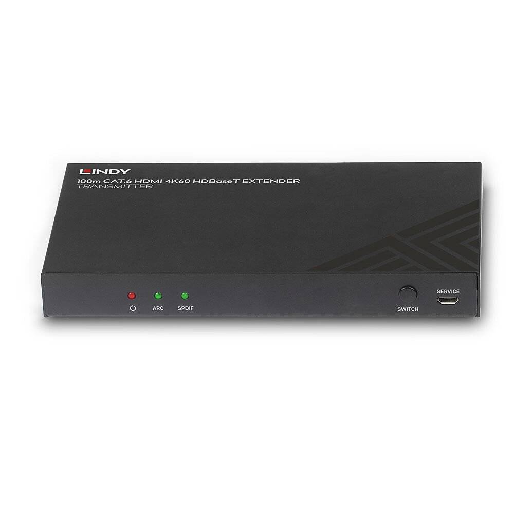 HDBaseT-Extender od firmy Lindy v černém provedení s indikačními LED diodami a konektory na přední straně. Zařízení pro přenos signálu na velké vzdálenosti.
