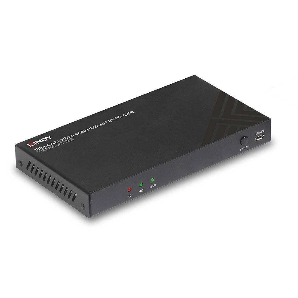 Černé elektronické zařízení s nápisem 'Lindy' a stavovými indikátory. Dokáže přenášet HDMI-4K signály přes síťové připojení IP.