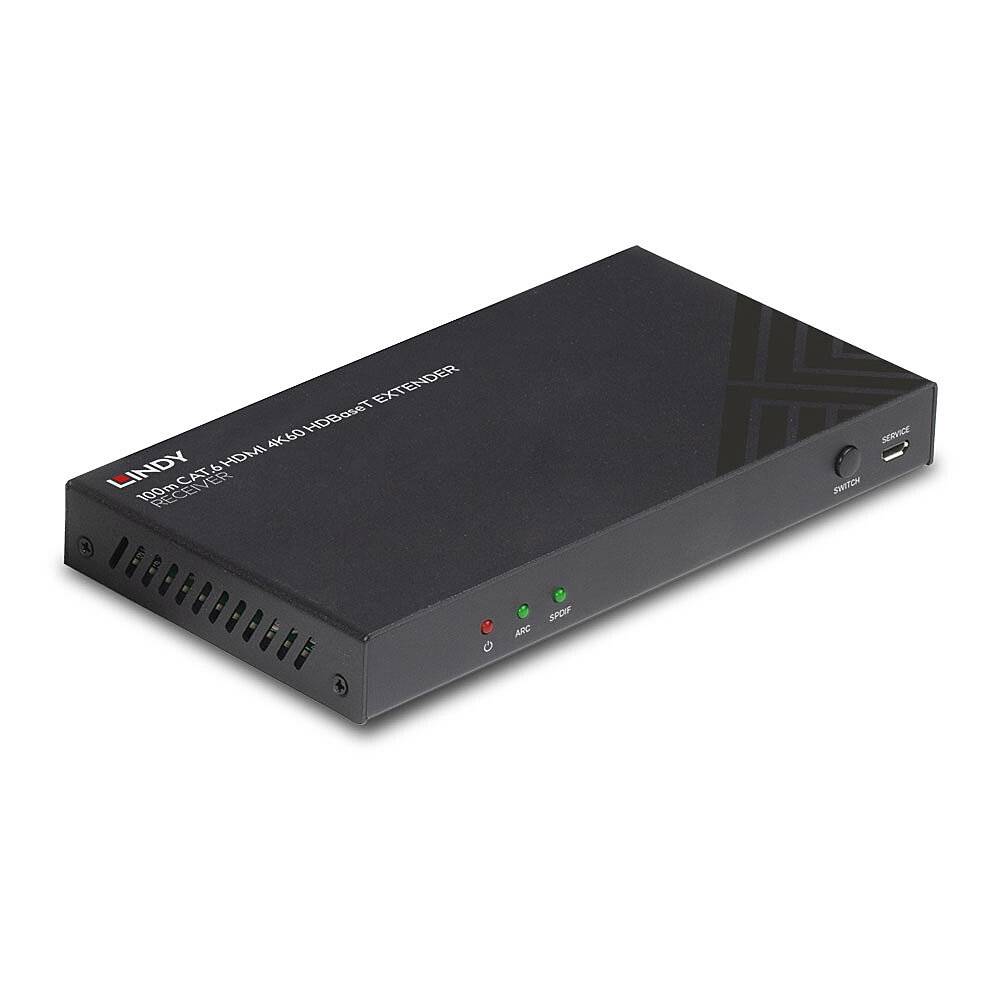 Černé zařízení s nápisem HDMI 4K60Hz Extender, HDMI IN, dva USB porty a vypínač na pravé straně.