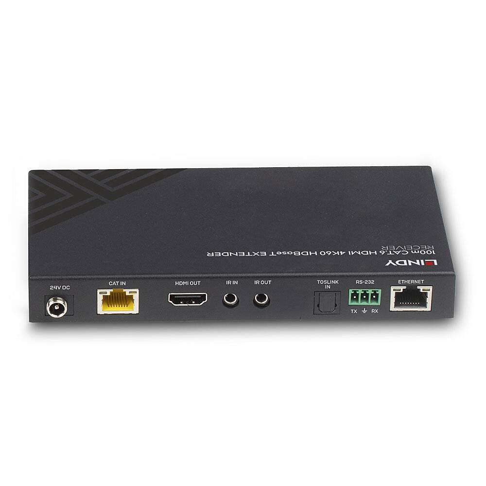 Černý HDMI extender s ethernetovými a HDMI porty, RS-232 vstupy a Toslink konektorem. Napájení vlevo. Vhodný pro audio a video signály.