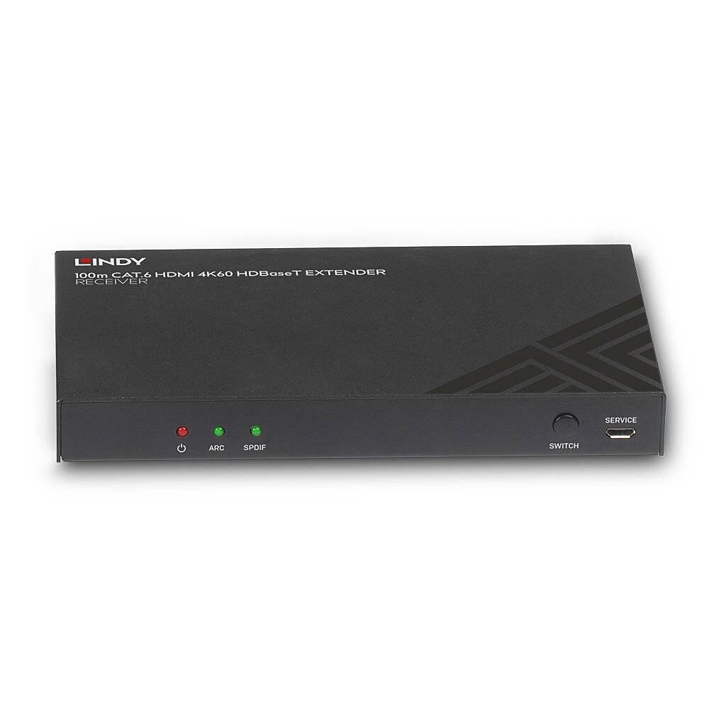 Černé zařízení HDBaseT Extender od Lindy s označením HDMI 4K60, dvěma LED světly a označením "Switch".