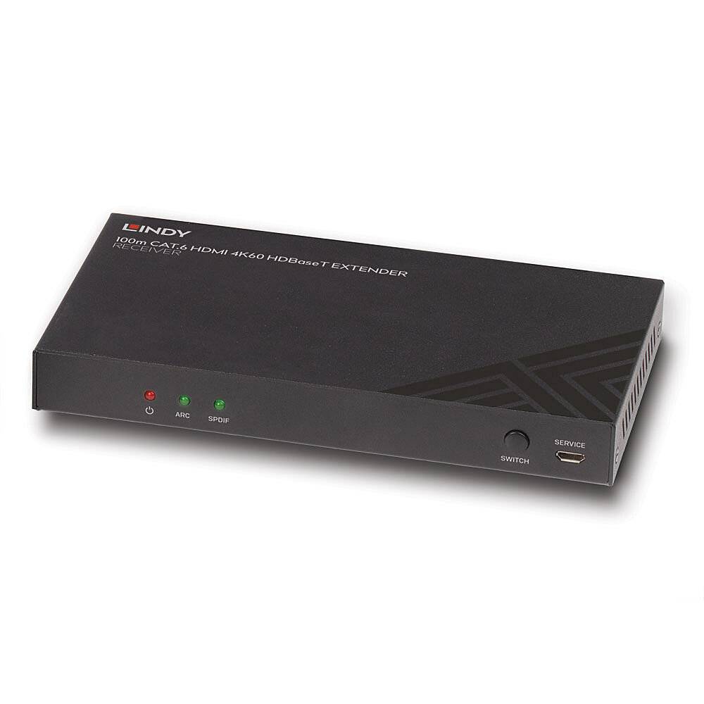 Černý HDMI extender se třemi malými indikačními LED diodami a několika konektory. Na přední straně jsou zobrazeny informace o značce a modelu.