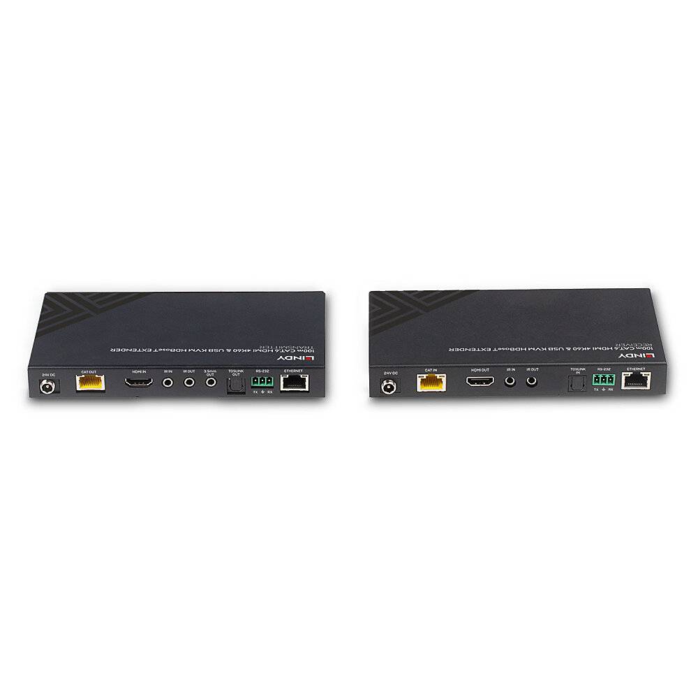 Dva černé, obdélníkové elektronické přístroje s různými připojovacími možnostmi, jako jsou HDMI, LAN a Audio, pohled zepředu.