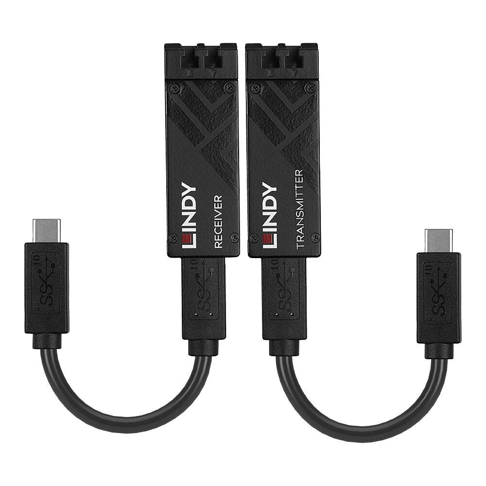 Dva černé adaptéry s nápisem 'Lindy Receiver' a 'Lindy Transmitter', každý s připojením USB-C na krátkých kabelech.
