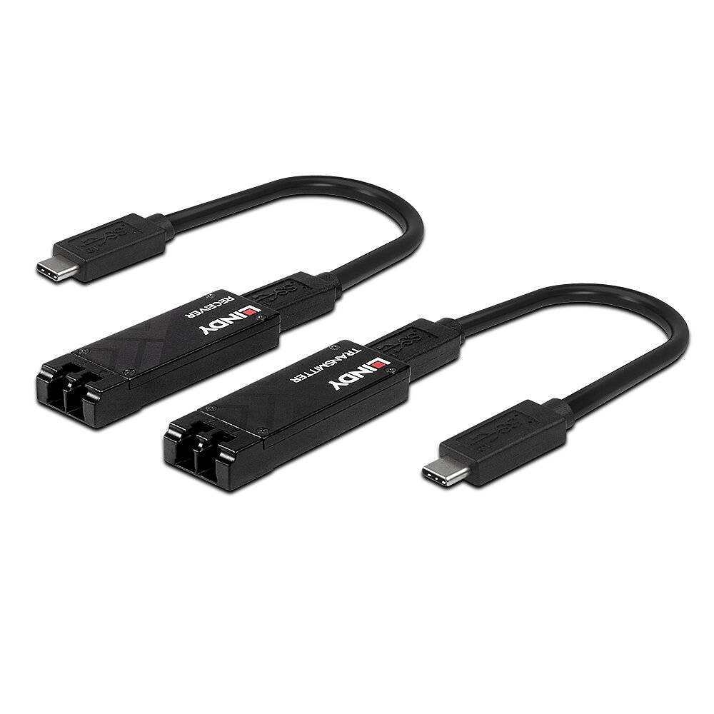 Dva černé adaptéry s USB-C konektory a vždy dvěma optickými porty značky 'Lindy', zobrazené před bílým pozadím.