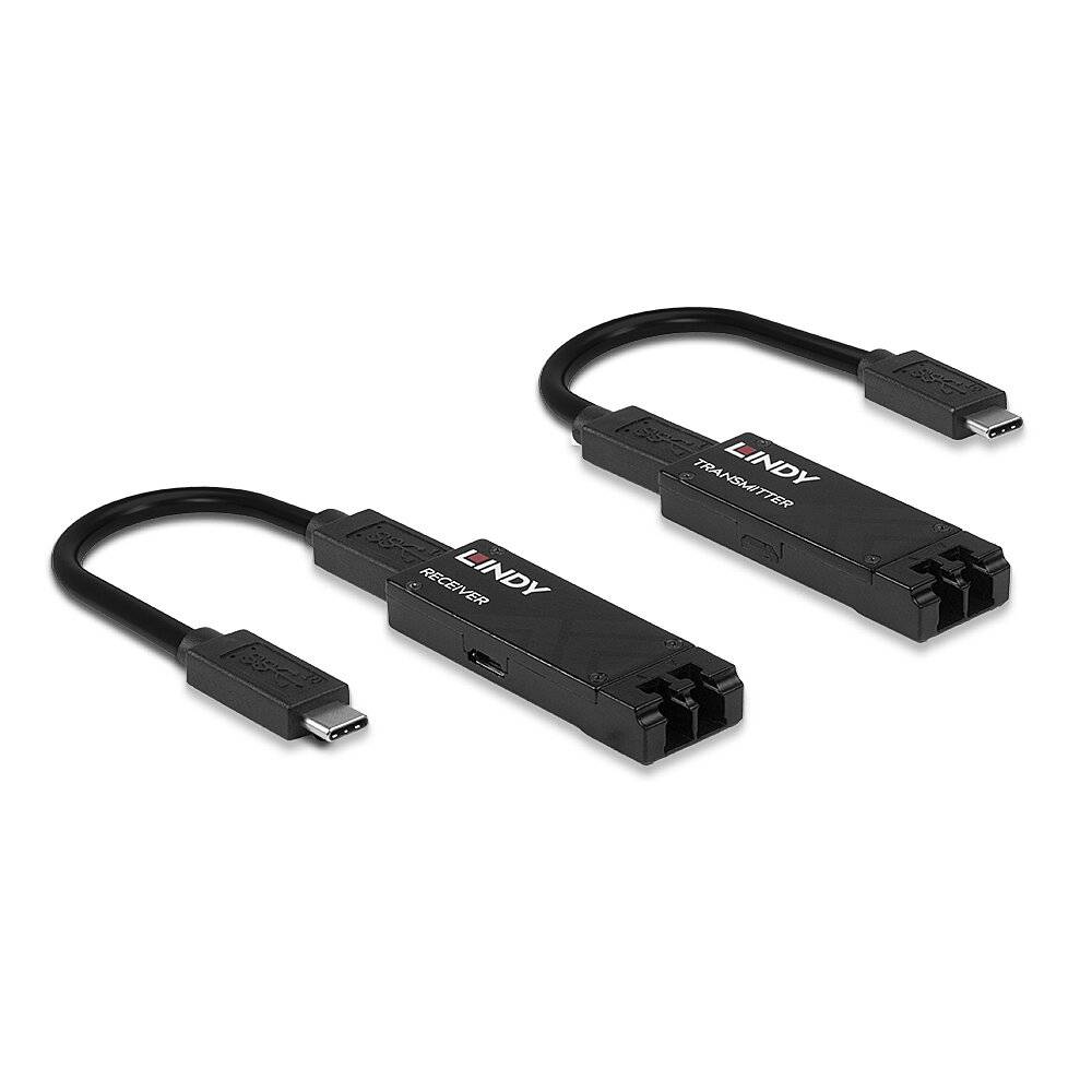Sada dvou USB-C na DisplayPort 1.4 konvertorů od výrobce Lindy, včetně přijímače a vysílače s krátkými kabely.