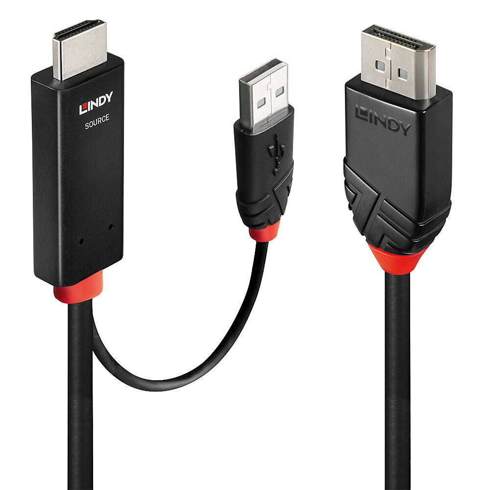 Dva černé kabely se zástrčkami: vlevo zástrčka HDMI, vpravo zástrčka DisplayPort, mezi nimi USB zástrčka s červeným akcentem.