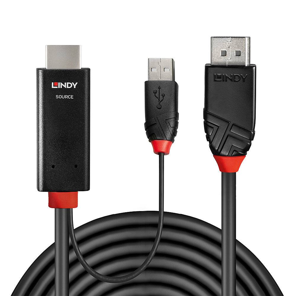'Zástrčky a kabely' zobrazuje kabel s HDMI konektorem a dvěma USB konektory od společnosti LINDY, před bílým pozadím.