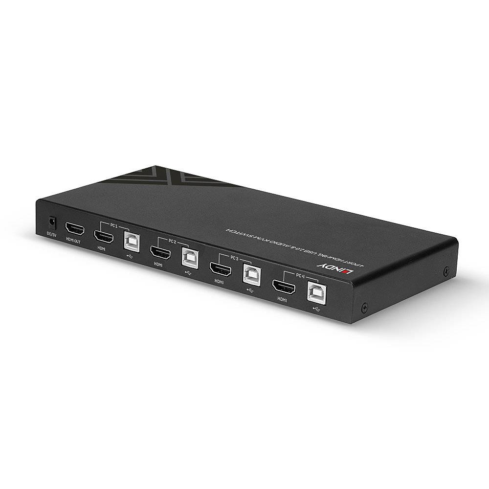 Černý HDMI přepínač s pěti vstupy a dvěma výstupy, rozpoznatelný podle HDMI portů a štítků na přední straně.