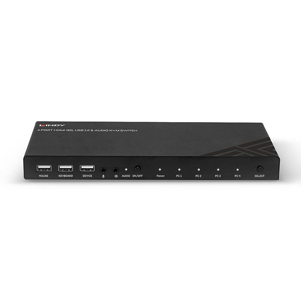 Černý KVM přepínač se čtyřmi USB porty na přední straně, popisky pro myš, klávesnici, zařízení a audio. Název značky vlevo nahoře.