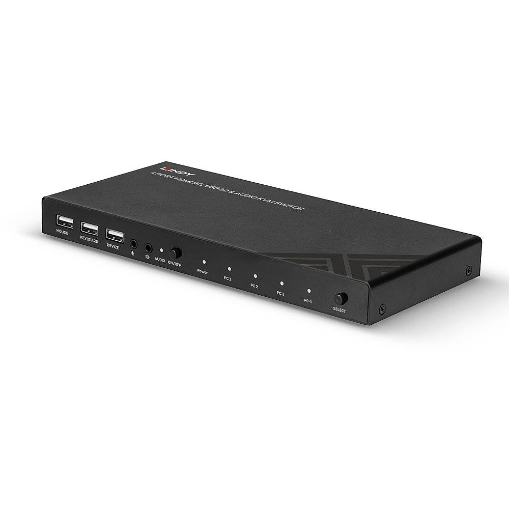 Černý 8portový rozbočovač s několika USB porty a tlačítky, označený štítky 'Device' a 'Set', zobrazuje pohled zepředu.