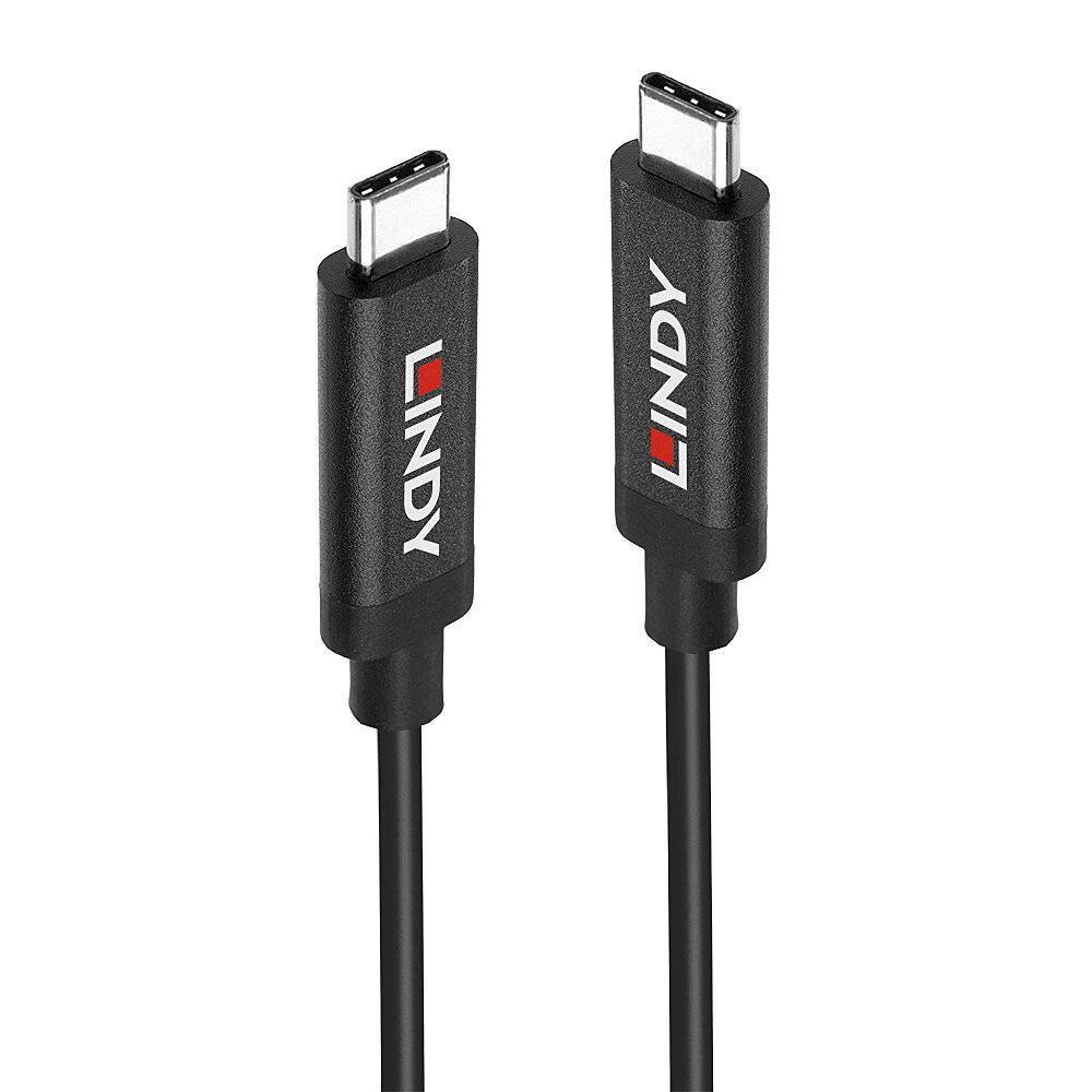 Dva černé USB-C kabely s logem 'Lindy'.
