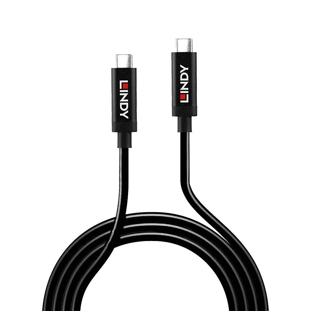 Černý USB-C kabel od značky LINDY s oboustranným USB-C konektorem, vhodný pro přenos dat a nabíjení.