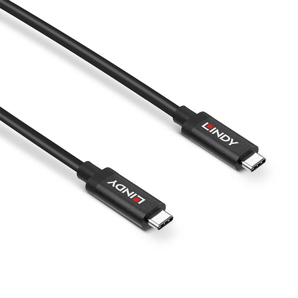Černý kabel USB-C na USB-C s logem značky 'LINDY' na každém konektoru.