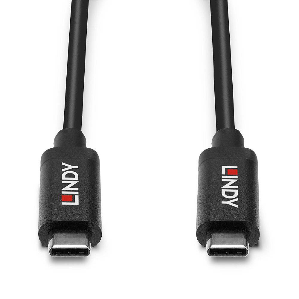 Dva černé USB-C kabely od značky LINDY, symetricky uspořádané, s logem značky na koncovkách.