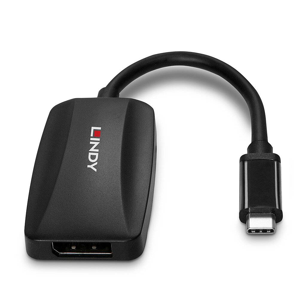 USB-C na HDMI adaptér od společnosti LINDY, umožňuje propojení zařízení s USB-C s HDMI displeji, černý, kompaktní a přenosný.