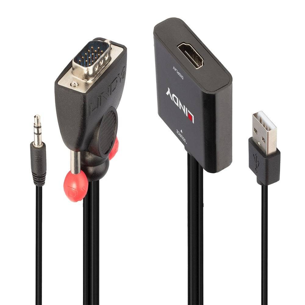 VGA-HDMI adaptér s audio kabelem a USB napájením. Adaptér je černý s logem značky. Používá se pro přenos videa.