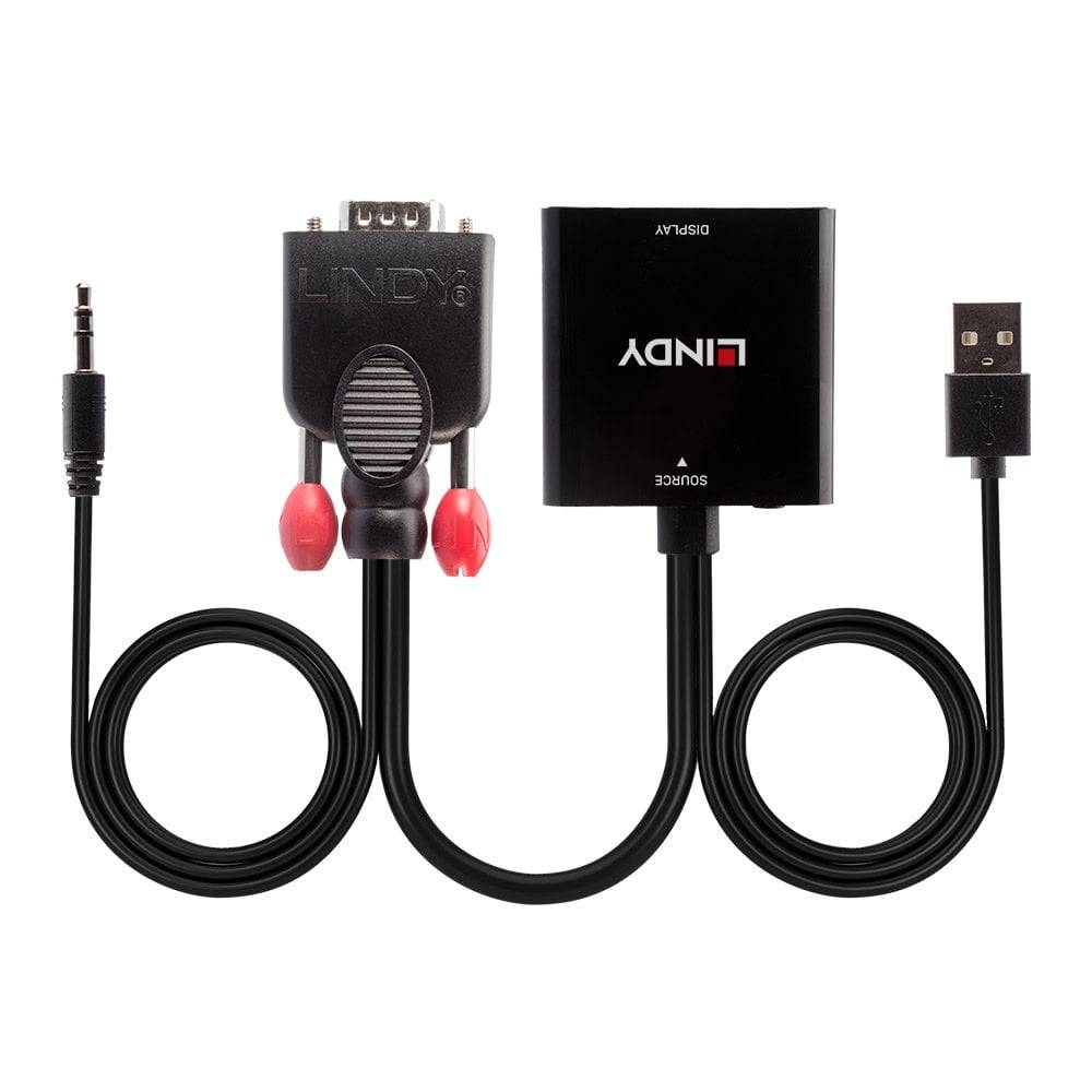 Linkový VGA-Audio-na-DisplayPort konvertor: Zařízení s černým kabelem, VGA portem, audio portem a USB napájením.