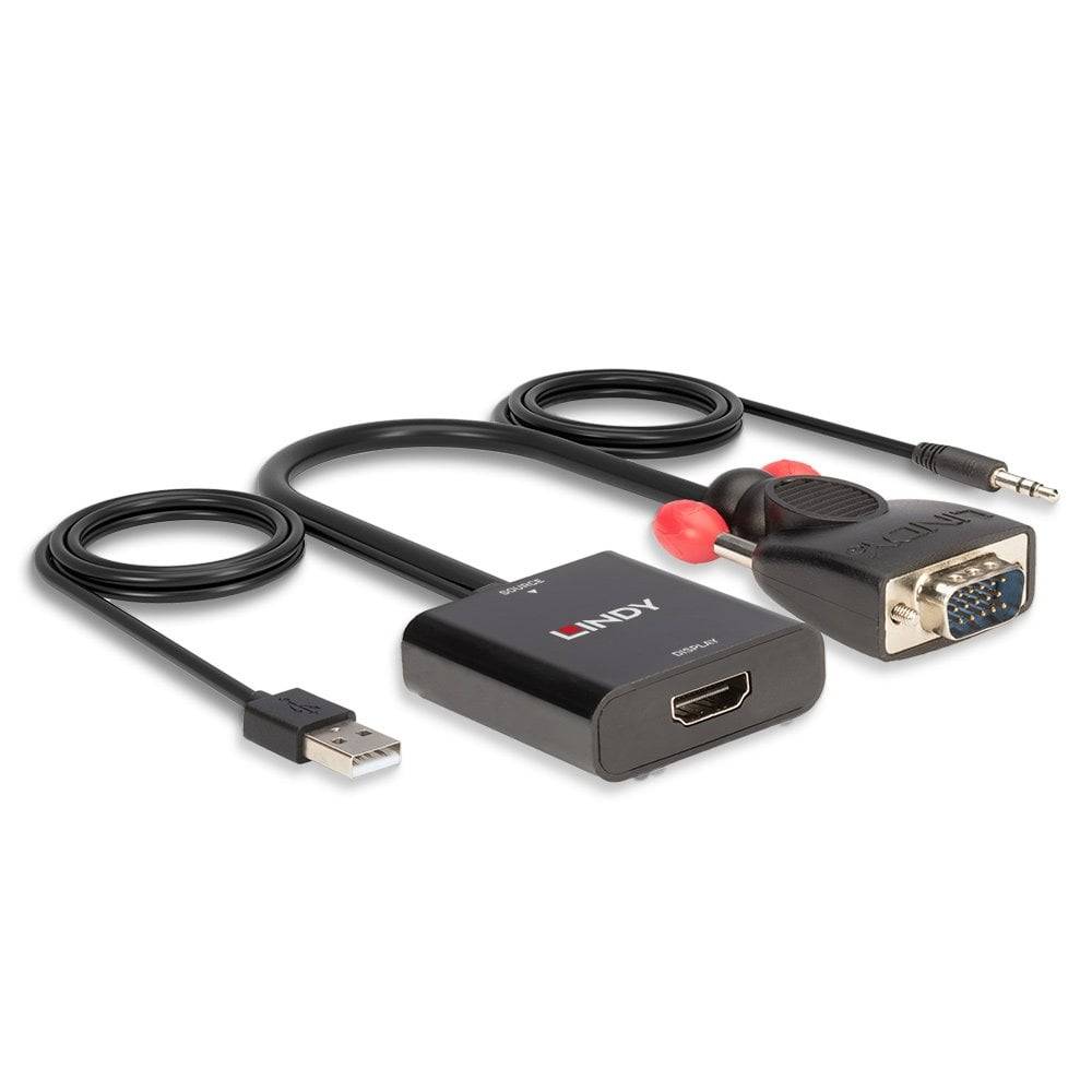 VGA na HDMI konvertor včetně USB a audio kabelu; propojuje starší zařízení s moderními HDMI displeji; černý a kompaktní.