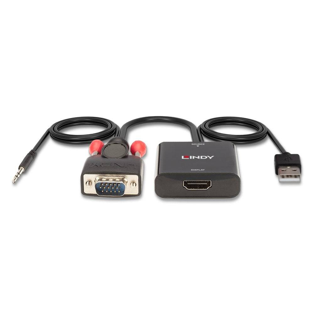 Kabelový adaptér s VGA, HDMI, USB a jackem. Umožňuje připojení různých zařízení. Popis 'LINDY'.