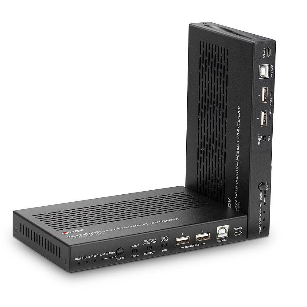 Sada HDMI extenderu sestávající ze dvou zařízení. Tato zařízení jsou vybavena HDMI, USB a ethernetovými porty pro přenos signálu.