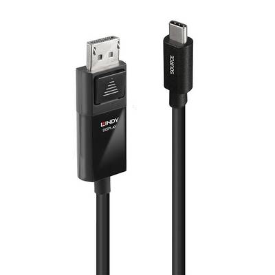 Kabel DisplayPort na USB-C, vlevo konektor DisplayPort, vpravo konektor USB-C, černý; pro přenos videa a dat.