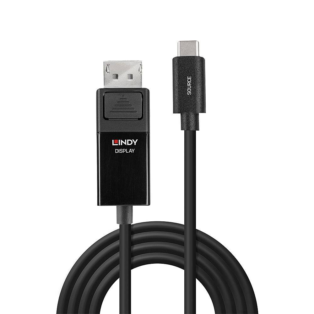 Černý kabel s konektorem USB-C na jedné straně a konektorem DisplayPort na straně druhé, vhodný pro přenos videa.