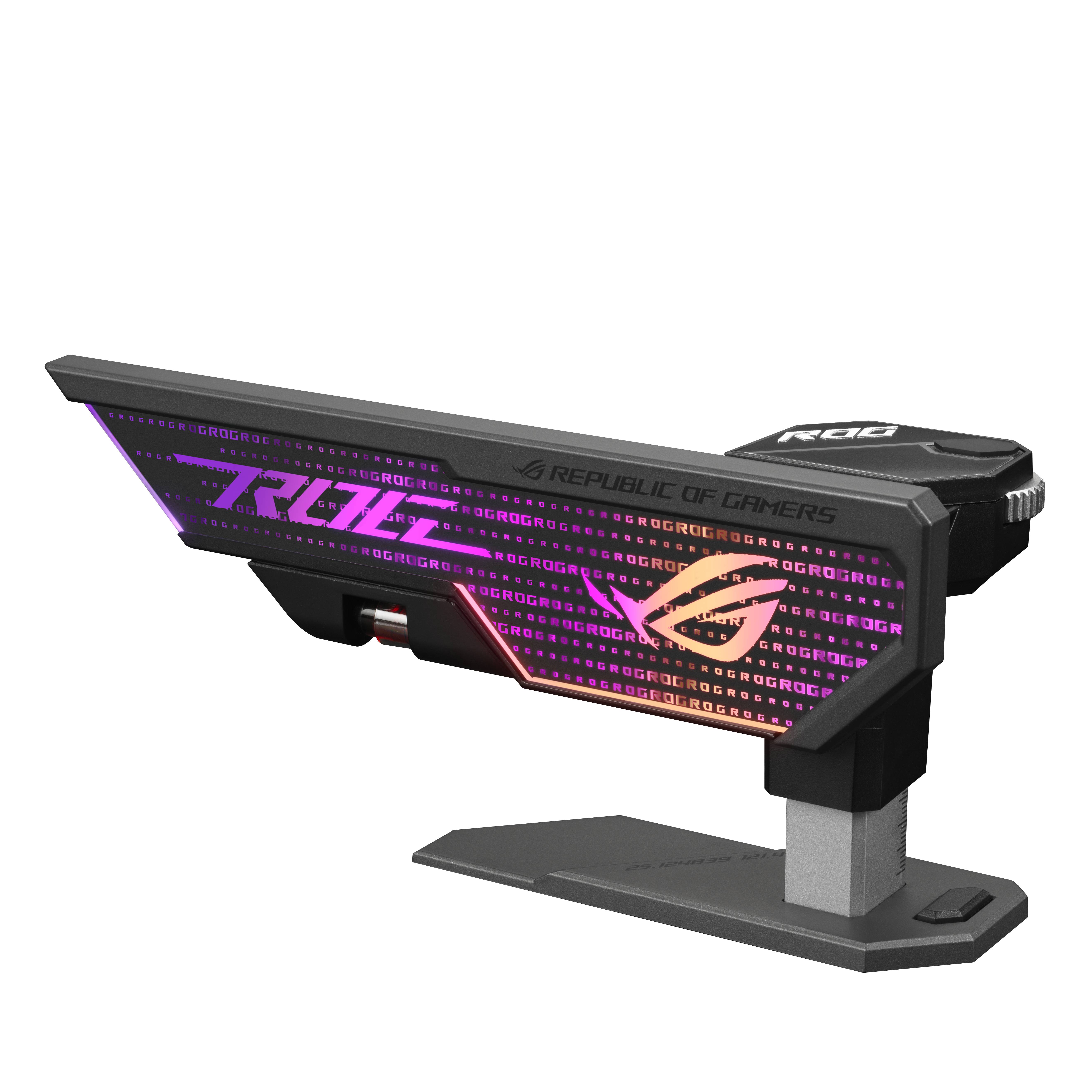 Držák grafické karty značky 'Republic of Gamers' s barevnými LED osvětlením, vhodný pro podporu grafických karet v počítačích.
