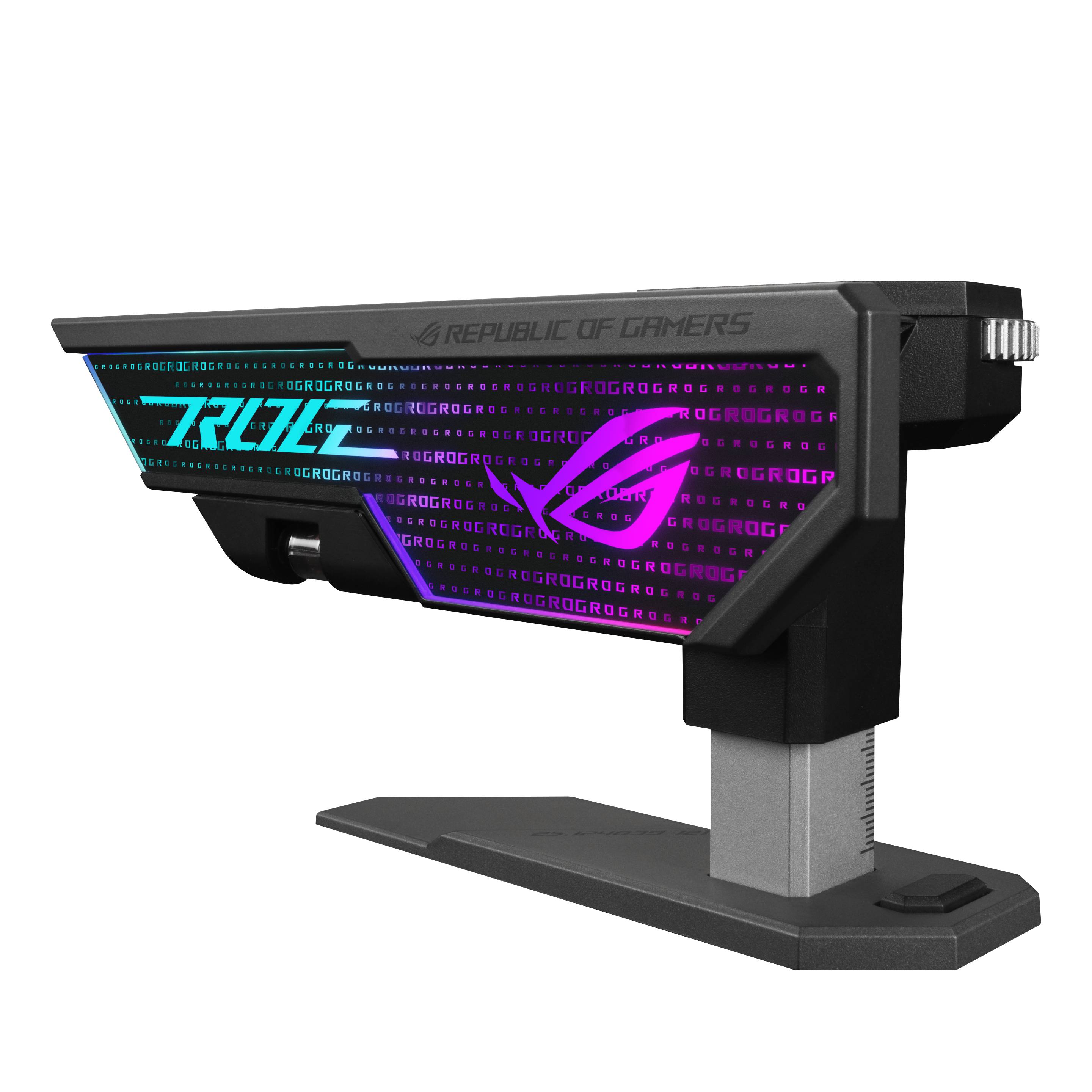 Paměťový modul Republic of Gamers s RGB podsvícením, logem a stylizovaným písmem na černém šasi.
