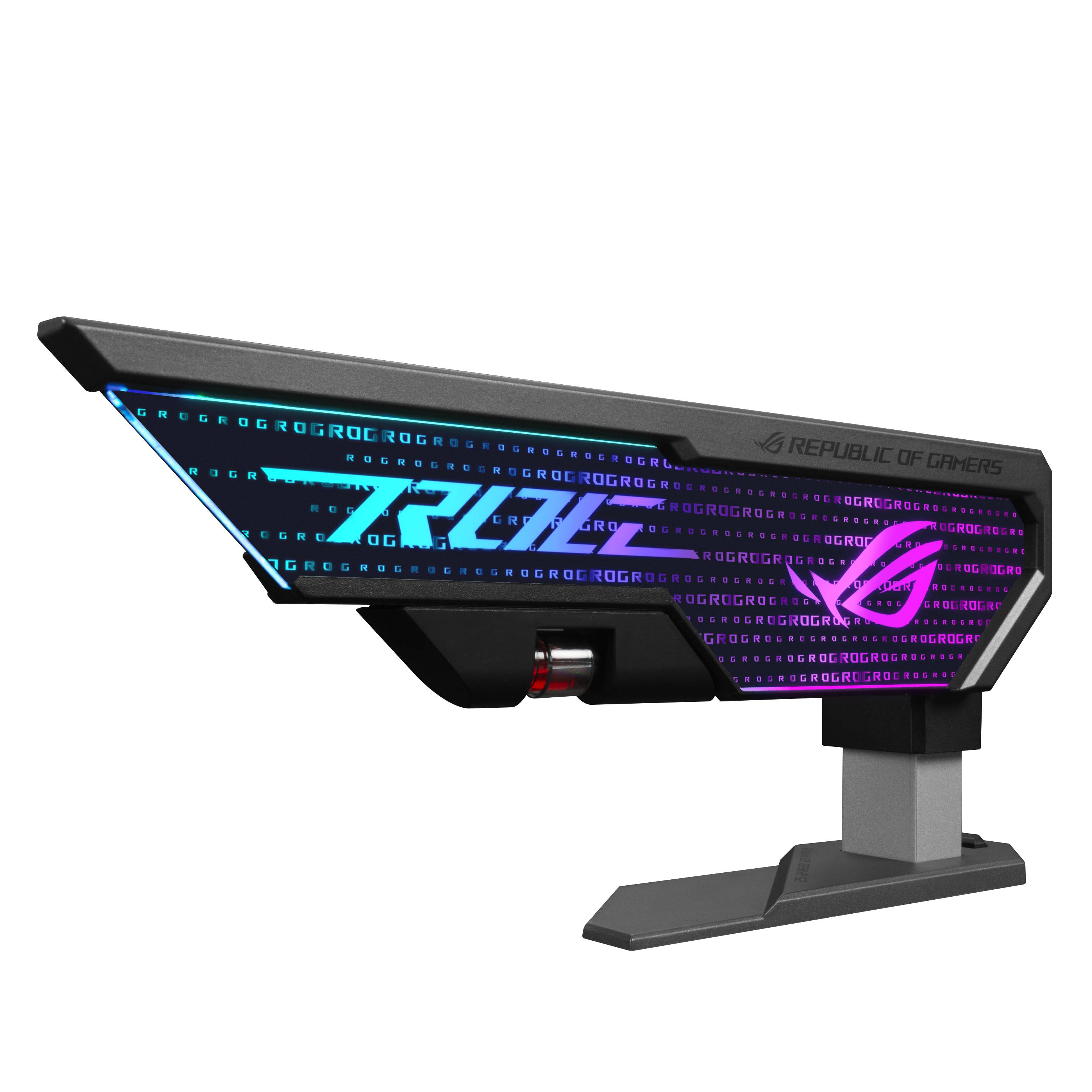 Počítačová komponenta s RGB podsvícením s logem 'Republic of Gamers', zobrazující pokročilý design a technologii pro herní počítače.